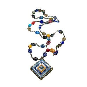 New Old Stock Sweet Romance Necklace Ceramic Tile and Art Glass Beads